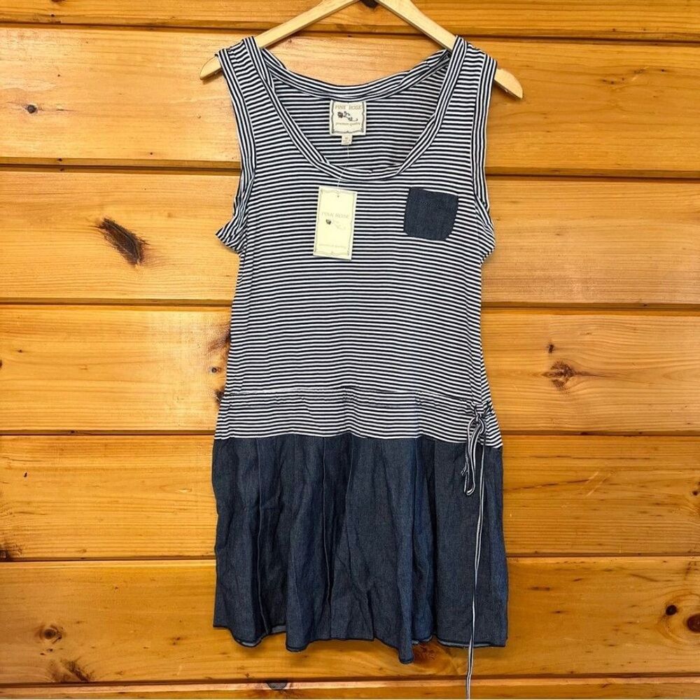 NWT Dress PINK ROSE XL Cotton Sleeveless Round Neck Navy White Blue Denim W Belt